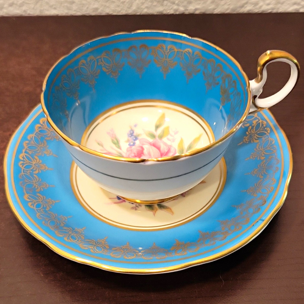 Aynsley Bone China Blue Gold Floral Coffee Cup & Saucer Set 2-Piece Vintage